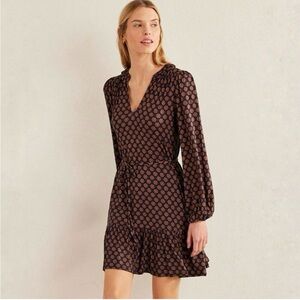 Boden Bell Sleeve Viscose Jersey Ruffle Dress Sunflower Geo Comfy Preppy Soft